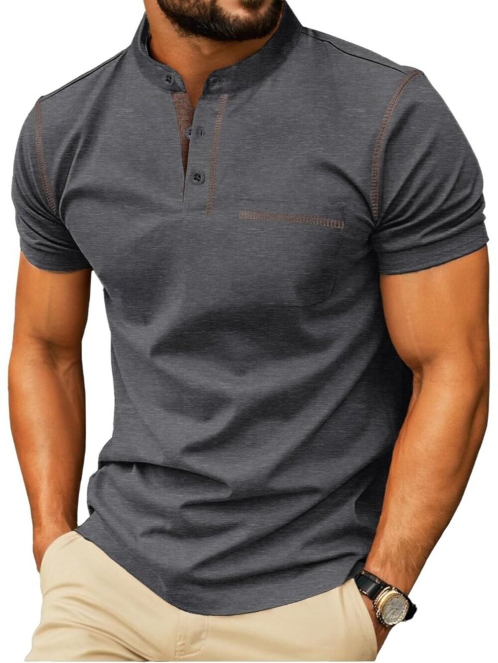 Men's Dark Gray Short Sleeve Summer Casual Classic Cotton Henley Neck T Shirts